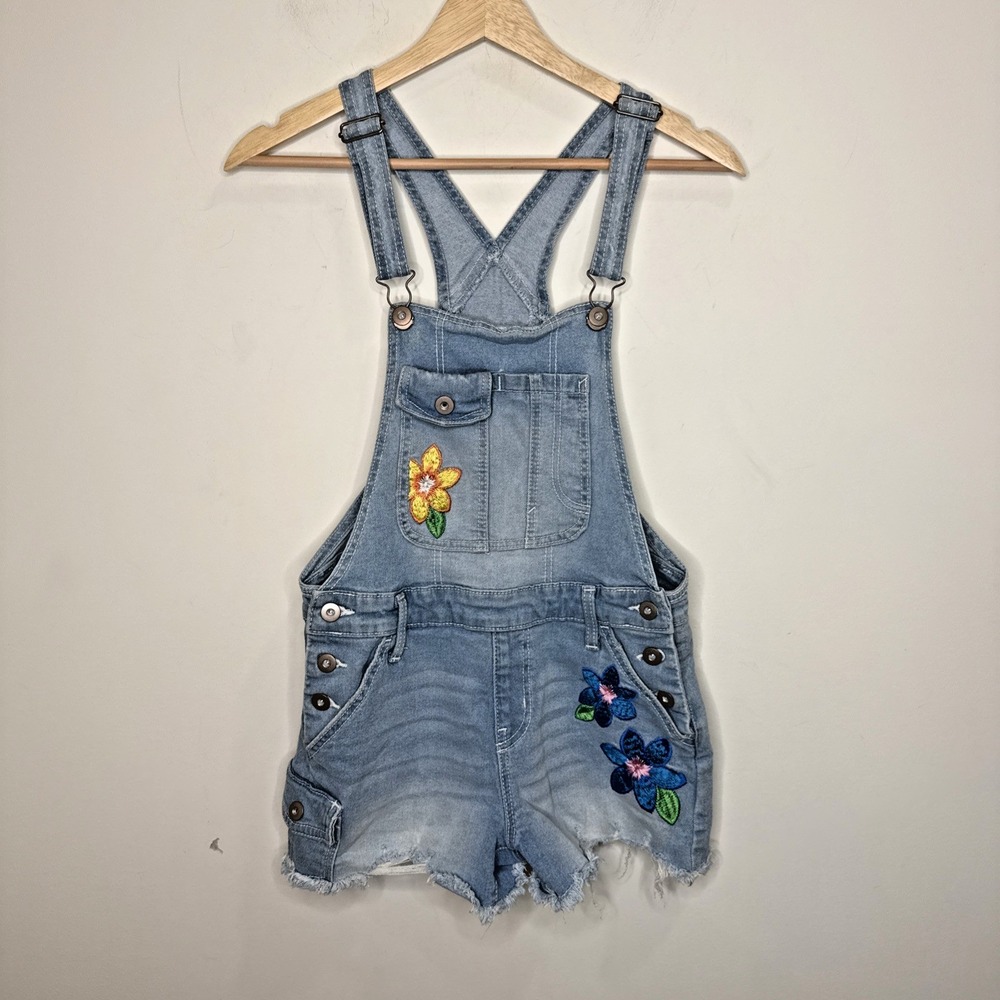 No Boundaries Denim Jean Shortalls Floral Embroidered Overalls Boho Art Womens S